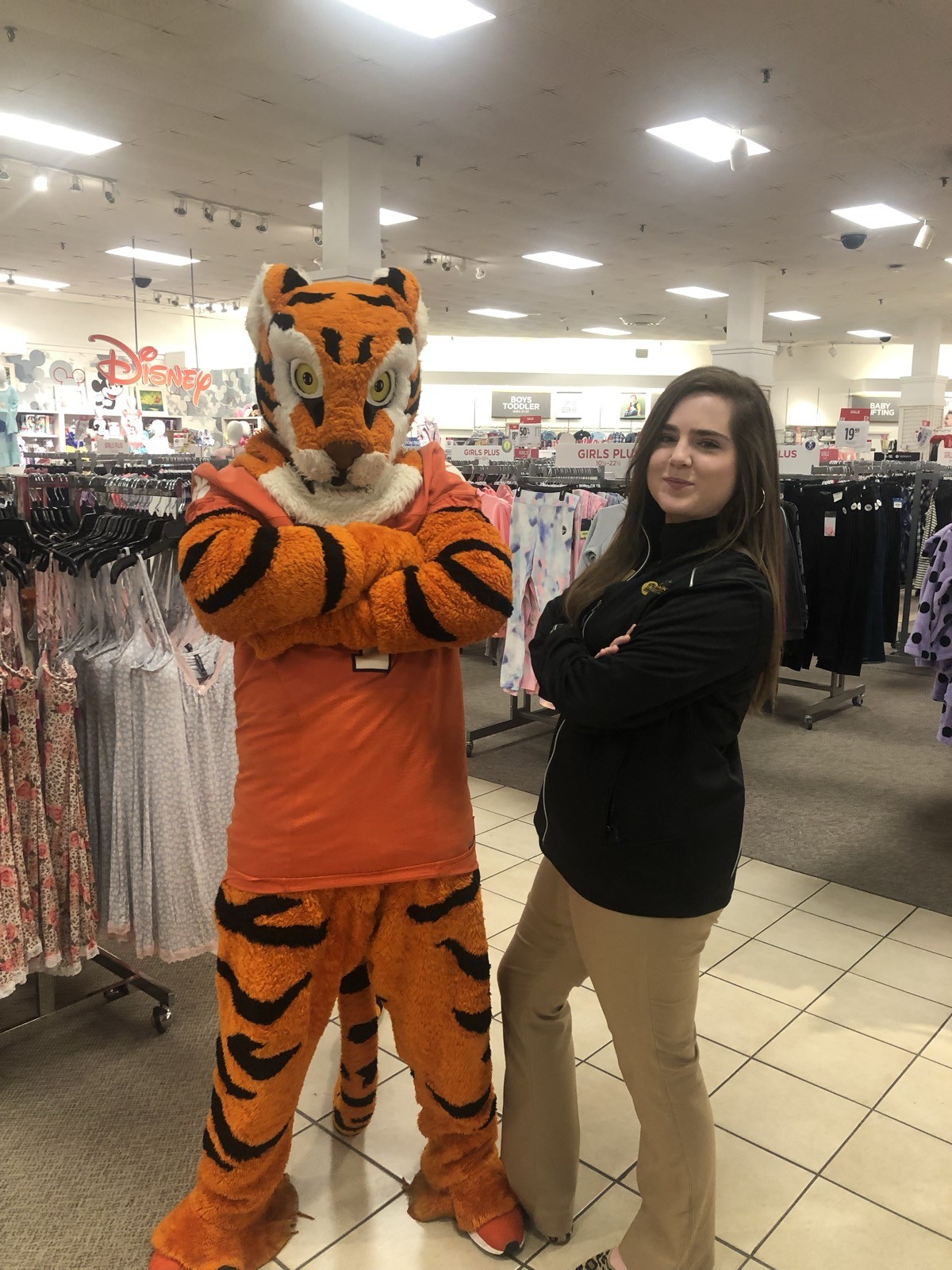 Ceci with the Clemson Tiger mascot at the JCPenney Suit Up career readiness event