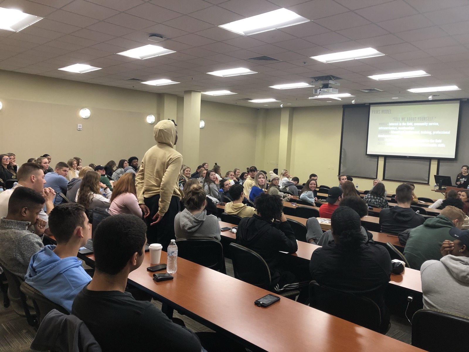 A full lecture hall of student athletes at the Life After Sports professional development series